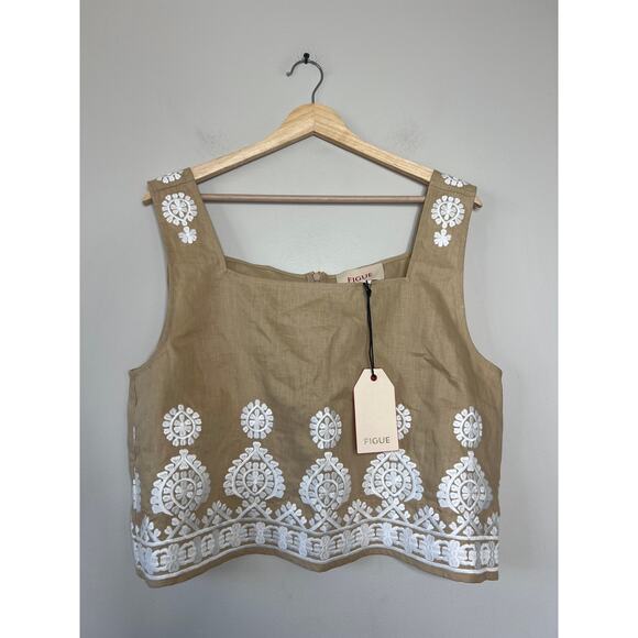 NWT Figue Isabelle Squared Neckline Linen Zip Top Travertine Sand Size: Large - Picture 2 of 8
